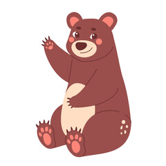 Childrens cute character. Funny bear waves hand. Forest animal.