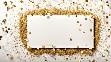 Top view free center compose of celebrate moment layout adorned white paper frame, gold circle papers confetti, particles sprinkles, on white scene.