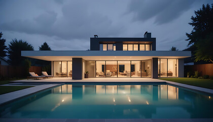 luxury house swimming pool at night