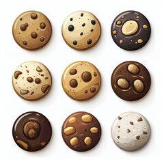 Fototapeta premium A set of nine different colored cookies with various toppings. The cookies are all different sizes and shapes, and they are all brown