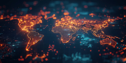 A vibrant digital world map glowing with orange lights and data points, showcasing global connections and technological networks.