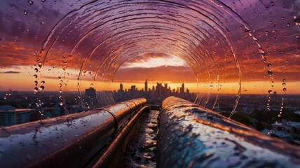 Obraz premium City Skyline Viewed Through Rain-Soaked Tunnel