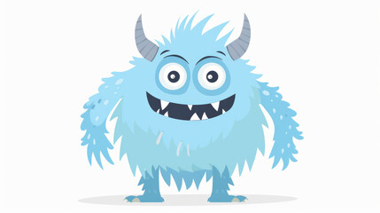 Happy Halloween! Cute blue monster stands with four eyes, fangs, and fur. Cartoon baby character looks funny and childish. Flat design. Isolated on white background. Vector