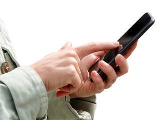 Isolated black cellphone in hands of female. Woman touching screen of mobile phone with her finger, close-up.