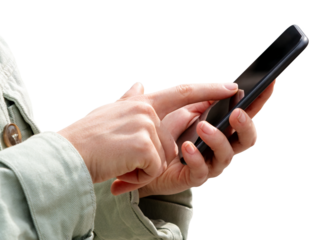 Isolated black cellphone in hands of female. Woman touching screen of mobile phone with her finger, close-up.