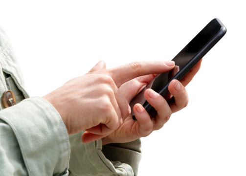 Isolated black cellphone in hands of female. Woman touching screen of mobile phone with her finger, close-up.