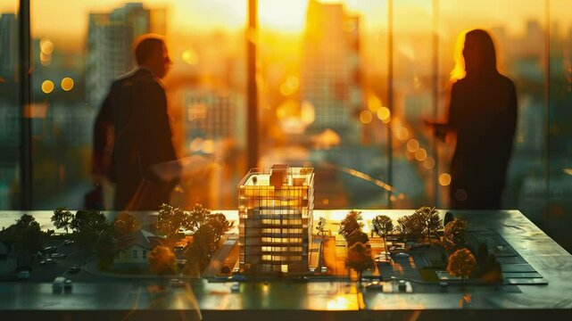 video of Gatherings involving real estate brokers and company presidents centered on selecting a housing estate construction model. sun glow and bokeh blur effects