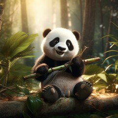 panda eating bamboo in the forest. panda with bamboo.