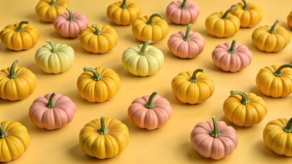 Autumn background of pink and yellow cute little colorful pumpkins, top view. Halloween and harvest concept. Pattern of colorful vegetables, space for text