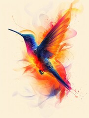 Vibrant and colorful abstract illustration of a flying hummingbird.