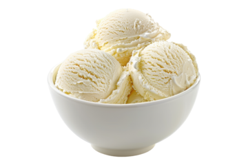 Scoop of vanilla ice cream in white bowl isolated on transparent background