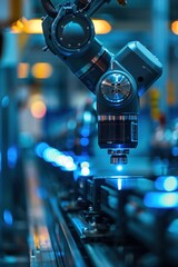 Advanced Robotic Arm in Modern Industrial Factory with Blue Lighting and High-Tech Machinery