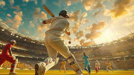 A cricket batsman prepares to hit the ball with full stadium and other players in the background during a sunny day.