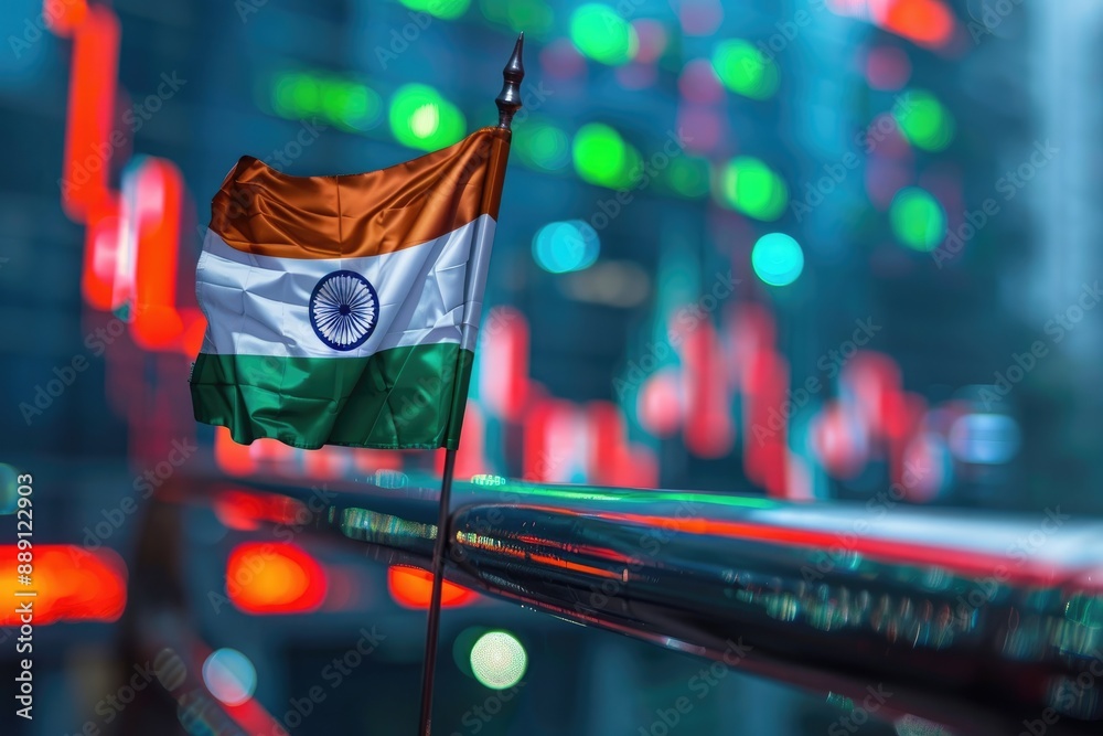 Poster indian flag waving with stock market graphs in background