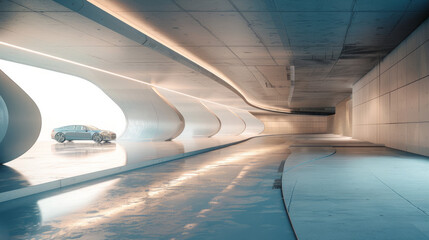 Modern building with an abstract design. The floor is made of concrete and is empty. It's a great place to show off a car.