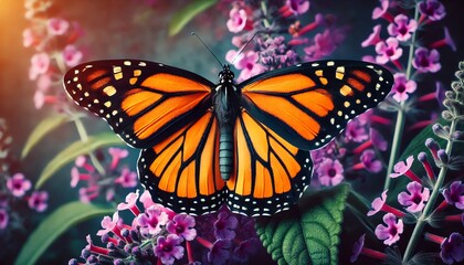 Naklejka premium A monarch butterfly with vibrant orange and black wings