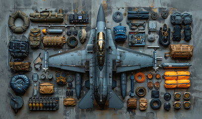 Top view of a military aircraft with organized gear, including backpacks, helmets, and ropes, showcasing a detailed and comprehensive setup.