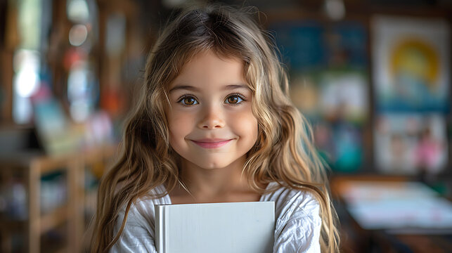 Una ni&ntilde;a sonriente sosteniendo un libro
