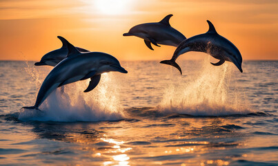 Obraz premium Playful Dolphin Dance: Group of dolphins leaping out of crystal-clear water, sunset backdrop, marine life documentary, ocean conservation, captivating and joyful.