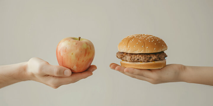 vergleich, gesund, ungesund, essen, fastfood, kalorien, vitamine, apfel, chessburger, fastfood, slowfood, vegan, hamburger, burger, burger, essen, cheese, cheeseburger, sandwich, brot, rind, br&ouml;tchen,