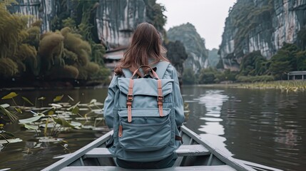 Fototapeta premium A woman wearing a straw hat enjoys a leisurely river cruise through the stunning landscape of Guilin, China