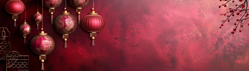 Fototapeta premium Elegant red and gold Chinese lanterns hanging on a deep red background, perfect for festive or New Year decorations.