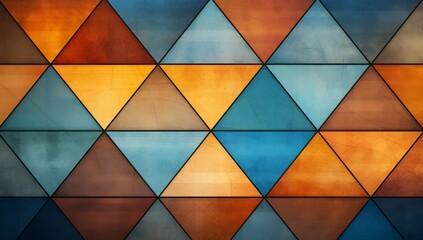 Geometric pattern wallpaper with vintage blue, yellow, orange, and brown triangles created using digital art techniques and geometric shapes
