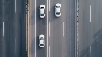 Aerial view of three white cars on a multi-lane highway, showcasing urban transportation and road travel concepts.