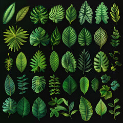 Exotic Tropical Leaf Collection: Rhopalostylis, Rhapis, Areca, Schefflera, and Fern in a Hawaiian Plant Set. Vector Elements Isolated on a Black Background, Showcasing Unique Leaf Shapes and Textures