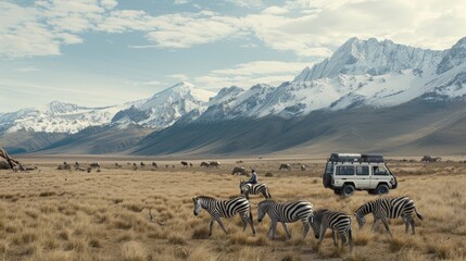 A safari vehicle drives down a dirt road in the African savanna, past a group of zebras standing in the tall grass