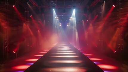 An empty runway with red and white spotlights and fog.