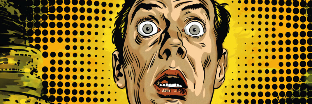 Comic-style of a terrified man with wide eyes and open mouth, against a yellow dotted background, expressing extreme fear.