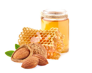 Honeycomb  isolated on white background closeup. Liquid honey.