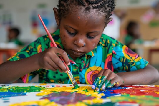 A young child African with paint on their fingers focuses intently on painting a colorful picture.