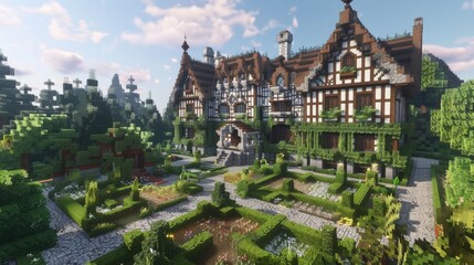 A grand Tudor-style mansion with half-timbered walls, a steeply pitched roof, and a beautifully landscaped garden with topiaries