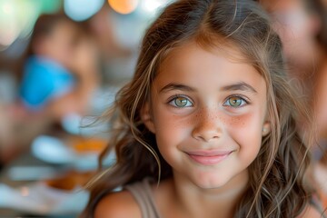 Fototapeta premium Brunette girl with a shy smile is looking to the camera, she is in a restaurant. Copy space for text. Natural light.