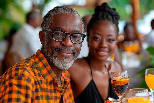 African american man is smiling and looking to the camera, his daughter is behind him. Restaurant scene. Copy space for text