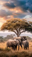 Fototapeta premium A herd of elephants, including a young calf, stands in a grassy field, a rainbow arching over them in the sky after a rainstorm
