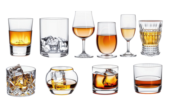 Various Glassware Filled With Amber Liquid on White Background