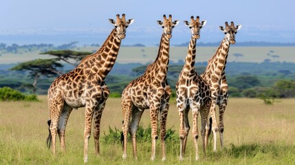 Obraz premium A herd of giraffes graze peacefully in a lush green valley, with rolling hills and distant mountains forming a stunning backdrop