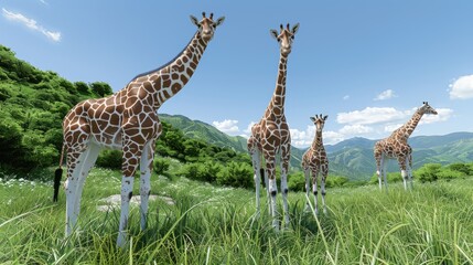 Obraz premium A herd of giraffes graze peacefully in a lush green valley, with rolling hills and distant mountains forming a stunning backdrop