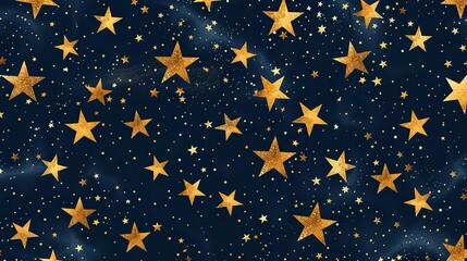A seamless pattern of glittering gold stars on a dark blue background.