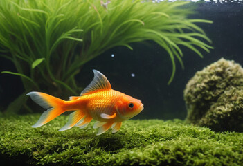  A playful goldfish nibbling on algae in a moss-covered aquarium. 