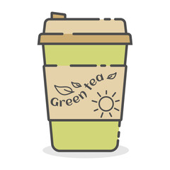 Vector icon of a paper tea cup in a linear style with the inscription Green Tea