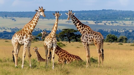 Obraz premium A herd of giraffes graze peacefully in a lush green valley, with rolling hills and distant mountains forming a stunning backdrop