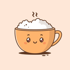 Cute kawaii coffee cup with cappuccino vector cartoon illustration