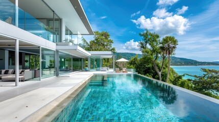 Fototapeta premium A luxurious modern villa with infinity pool, glass walls, and panoramic views of a tropical beach and turquoise sea