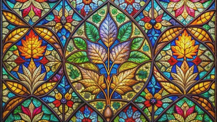 Vibrant stained glass window background featuring intricate, multidimensional leaf patterns and abstract shapes in kaleidoscopic colors with flowing forms.