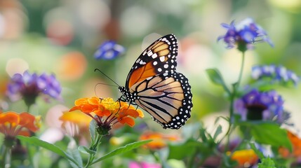 Fototapeta premium Serene Butterfly Garden Oasis at a Vibrant Summer Fair with Refreshing Smoothie Bowl Stands Nearby