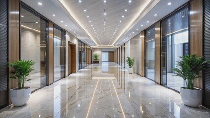 Obraz premium Contemporary polished marble floor reflects sleek lines of minimalist architecture in an empty, well-lit corporate corridor with plants nearby.